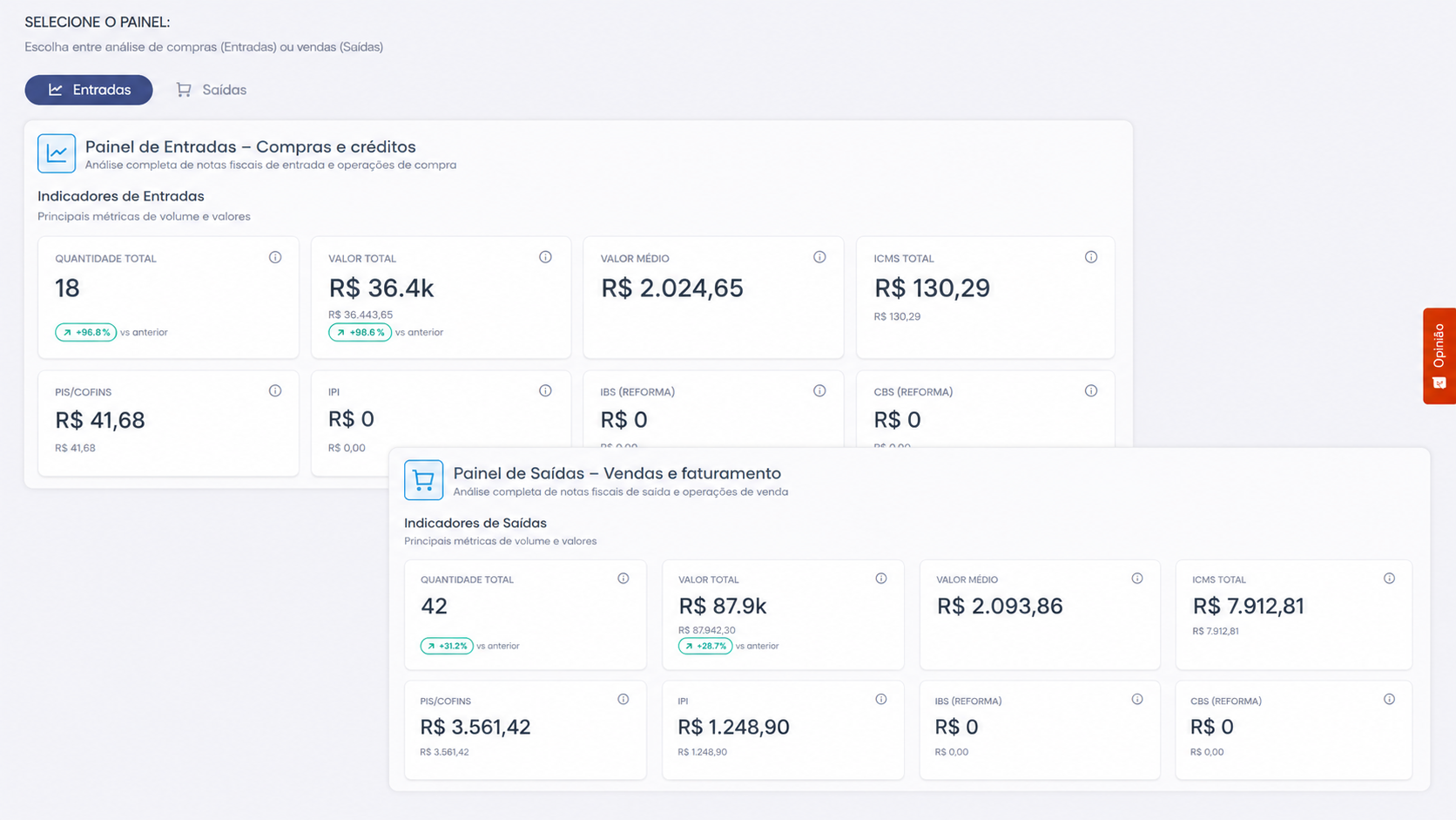 Tela real da EloFiscal com visão de entradas e saídas